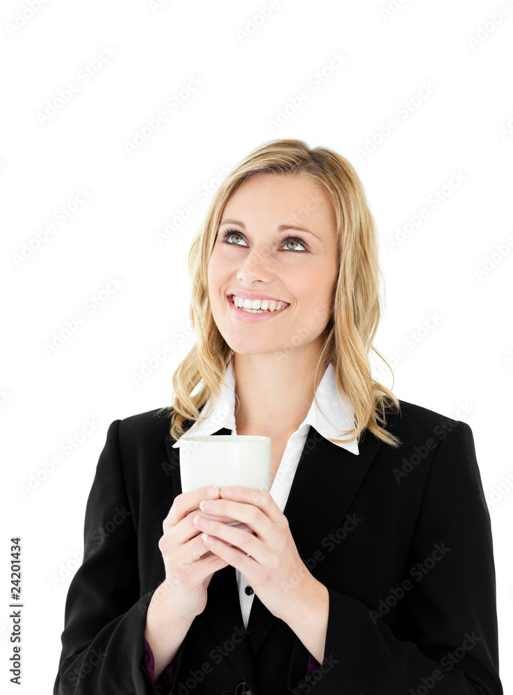 Smiling businesswoman holding a drinking cup Smiling businesswoman holding a drinking cup