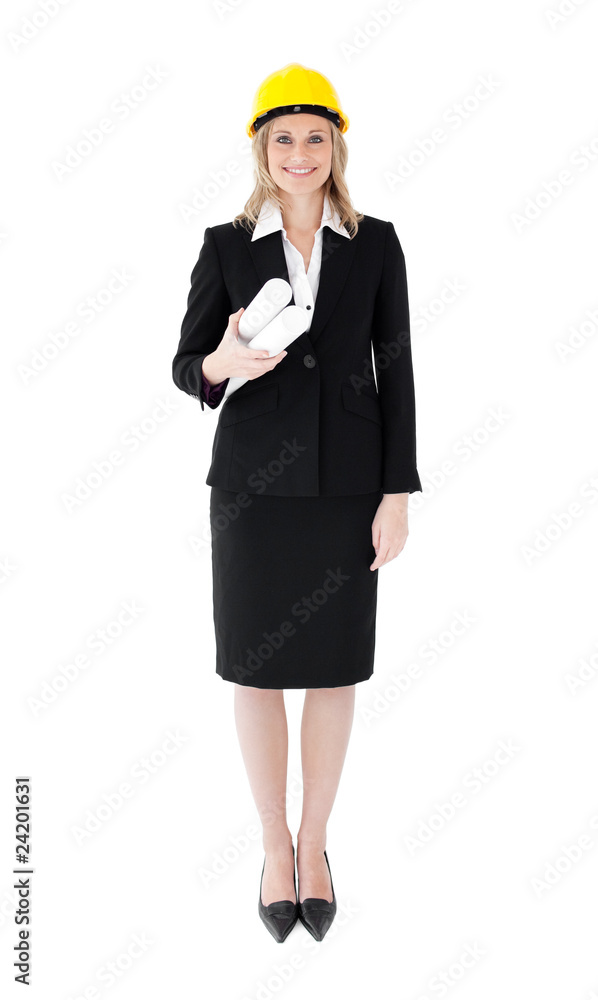 Positive female architect holding blueprints Positive female architect holding blueprints