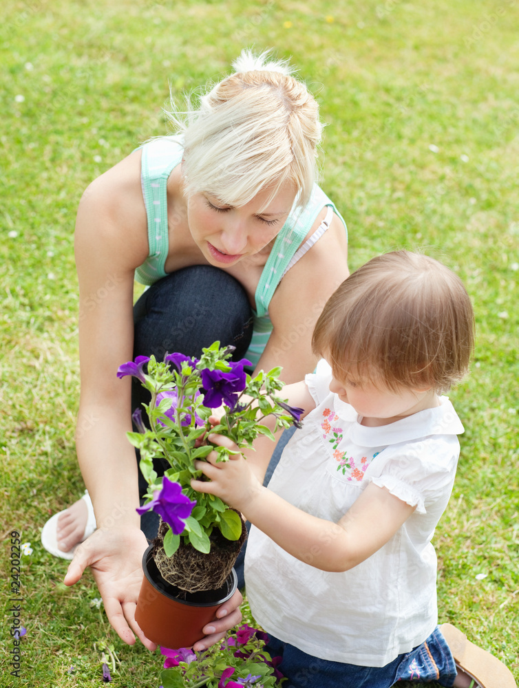 Caucasian Mother showing her daughter a purple flower Caucasian Mother showing her daughter a purple flower