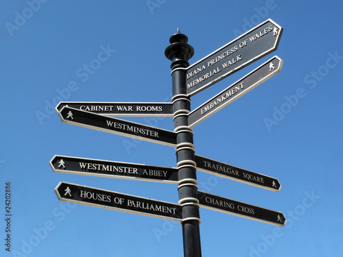 London signpost showing famous landmarks photo