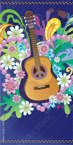 Composition with guitar, flowers and symbol of peace