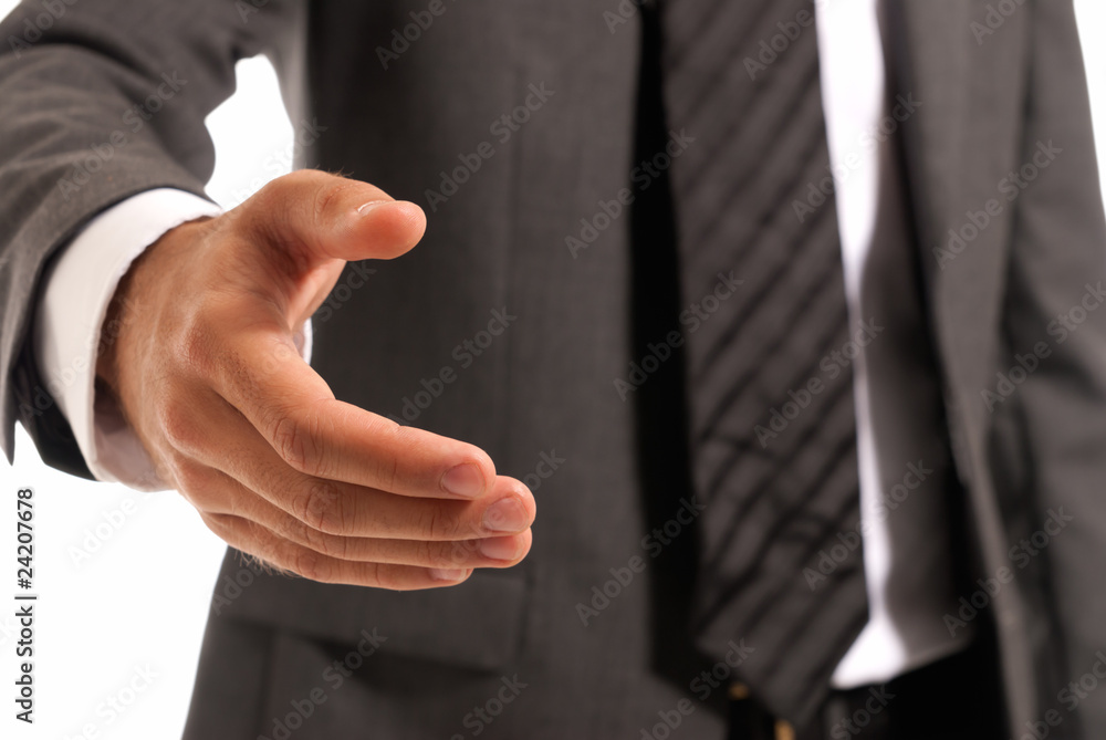 Unrecognizable businessman handshake closeup isolated on white