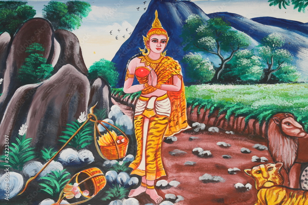 Fototapeta premium art painting on wall, Wat Nonrasi, Borabue, Mahasarakam