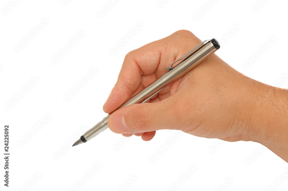 Man's hand with a feather on the white Man's hand with a feather on the white