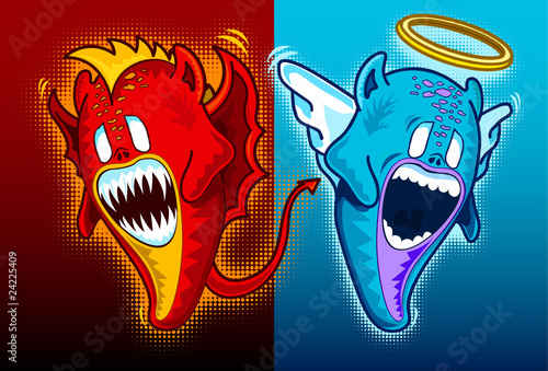 Angel y demonio en criaturas sobre fondo rojo y azul