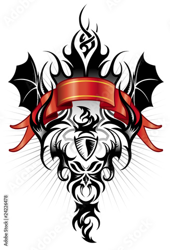 Criatura alada con aspecto diabolico y cinta roja