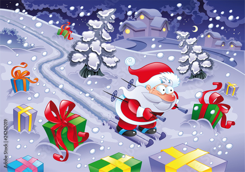 Santa Claus skiing in the night.