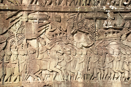 Carving stone wall, Angkor Thom, Siem Reap, Cambodia.
