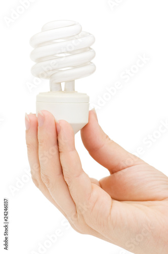 compact spiral-shaped fluorescent lamp in hand