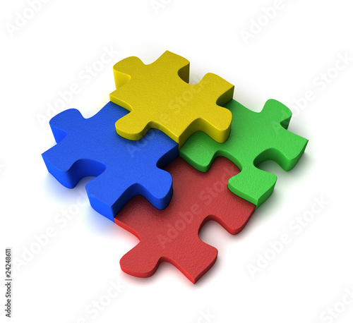 Four puzzle pieces interconnected with each other over white