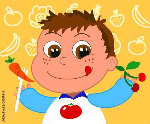Bambino con frutta e verdura