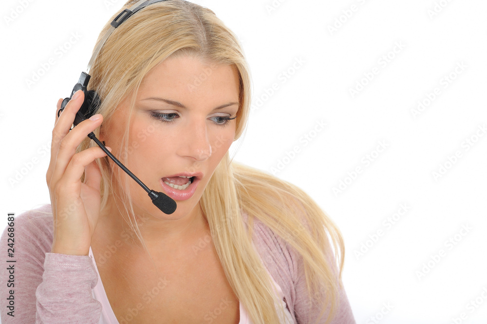 Young woman with microphone and computer having online conversat Young woman with microphone and computer having online conversat