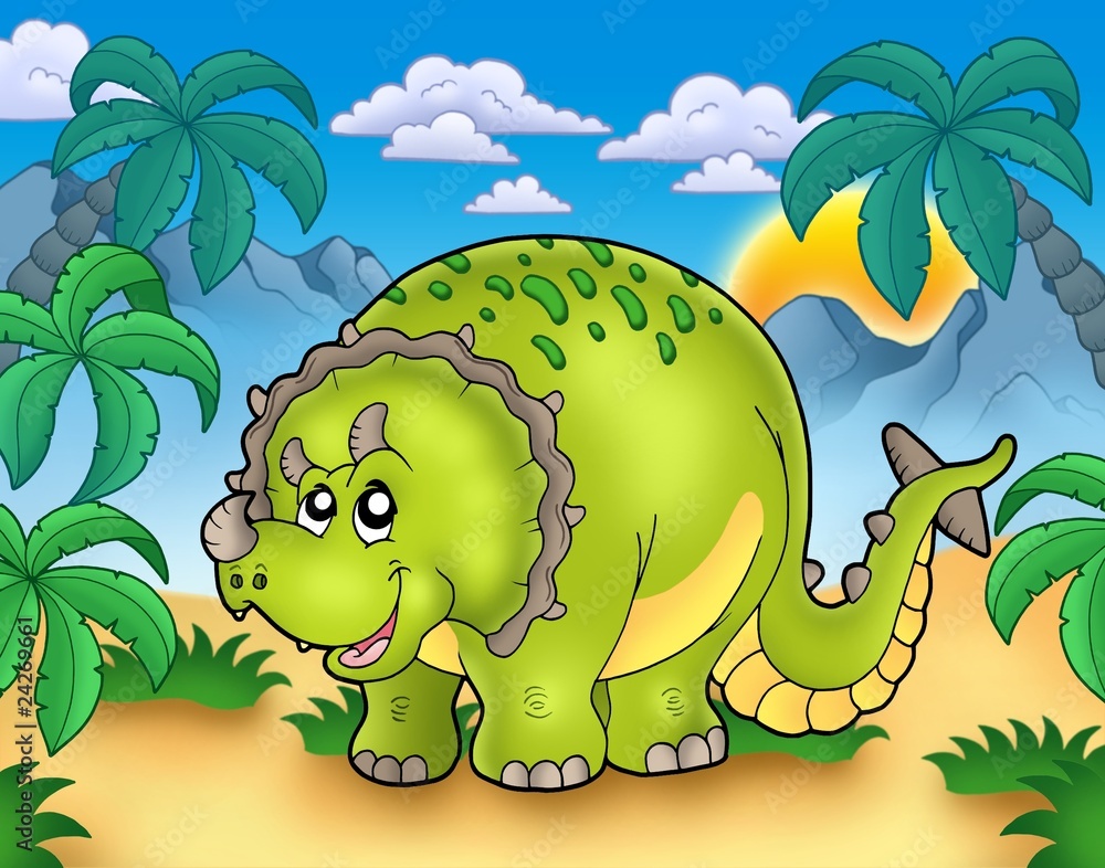 Naklejka premium Cartoon triceratops in landscape
