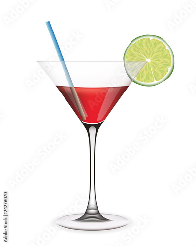 Cocktail with lime and straw. Vector illustration.