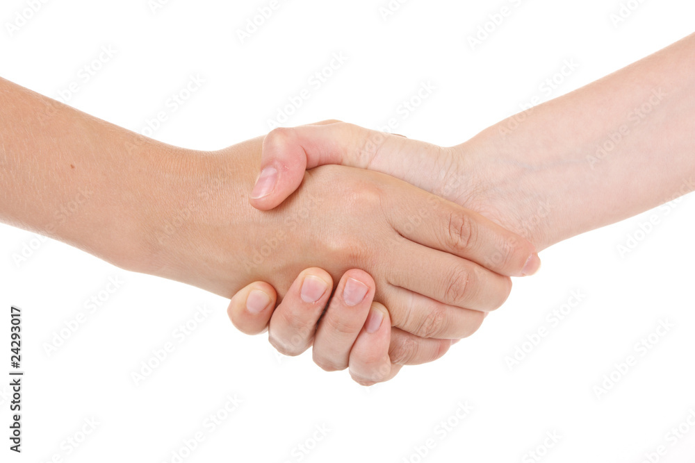 Two woman shaking hands on a white background