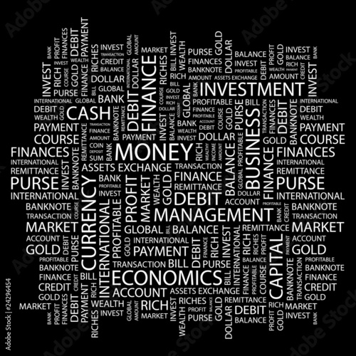 MONEY. Word collage on black background.