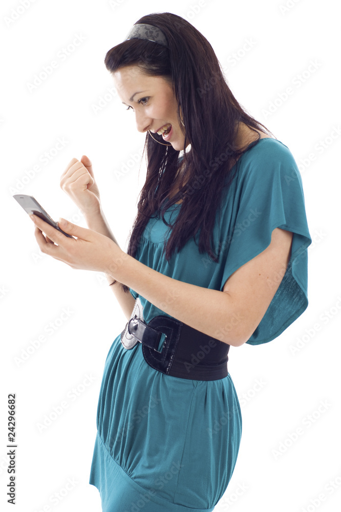 Woman Reading Text Message on her Mobile Phone Woman Reading Text Message on her Mobile Phone