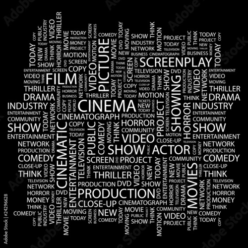 CINEMA. Collage with association terms on black background. #24296628