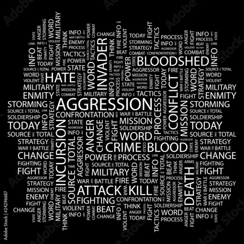 AGGRESSION. Collage with association terms on black background.