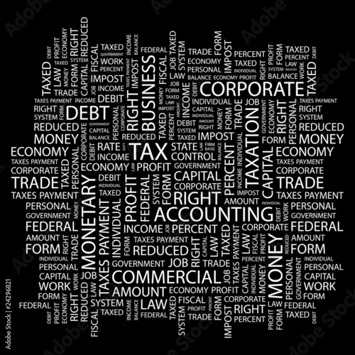 TAX. Word collage on black background.