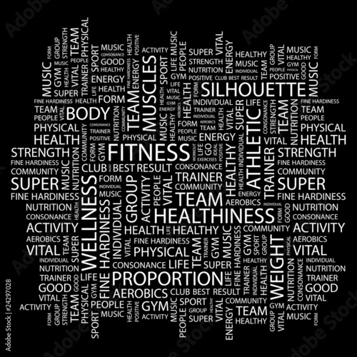 FITNESS. Collage with association terms on black background.