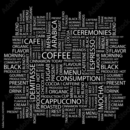 COFFEE. Word collage on black background.