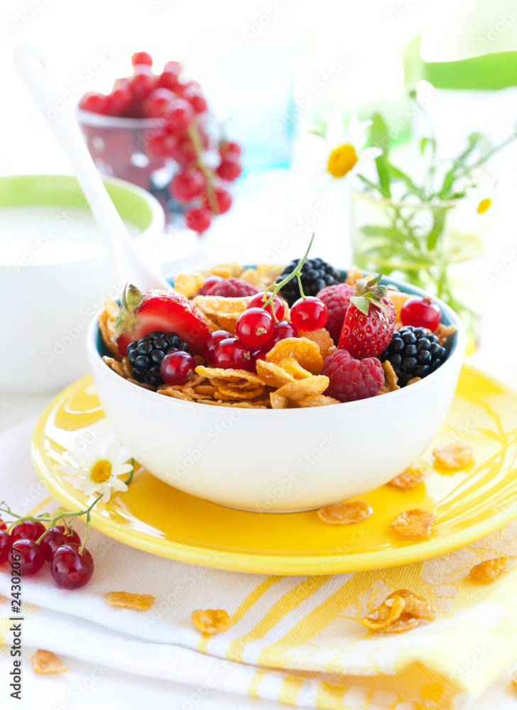 bowl of cornflakes with milk and fruits bowl of cornflakes with milk and fruits