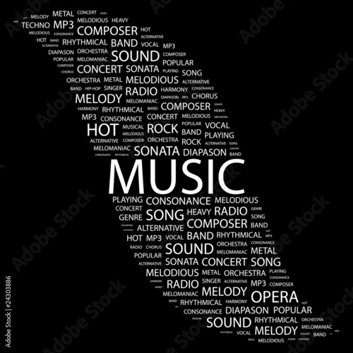 MUSIC. Collage with association terms on black background.