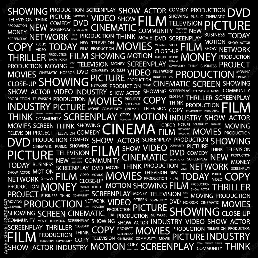 Fototapeta premium CINEMA. Collage with association terms on black background.