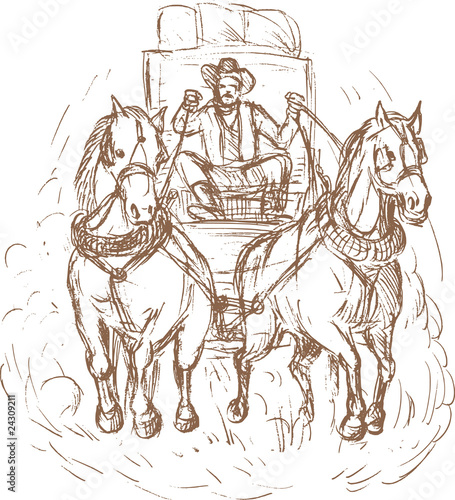 Cowboy stagecoach driver and horses front view
