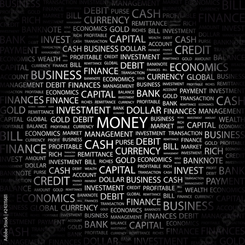 MONEY. Word collage on black background.