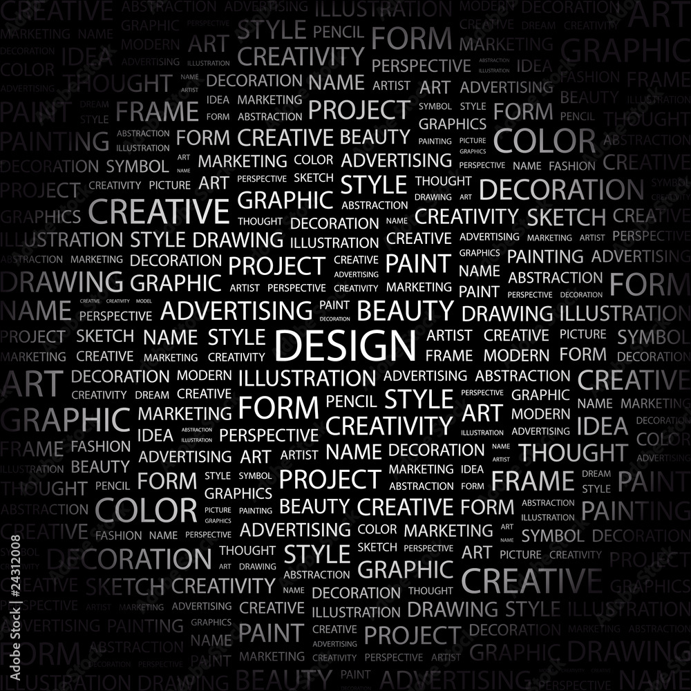 DESIGN. Collage with association terms on black background. DESIGN. Collage with association terms on black background.