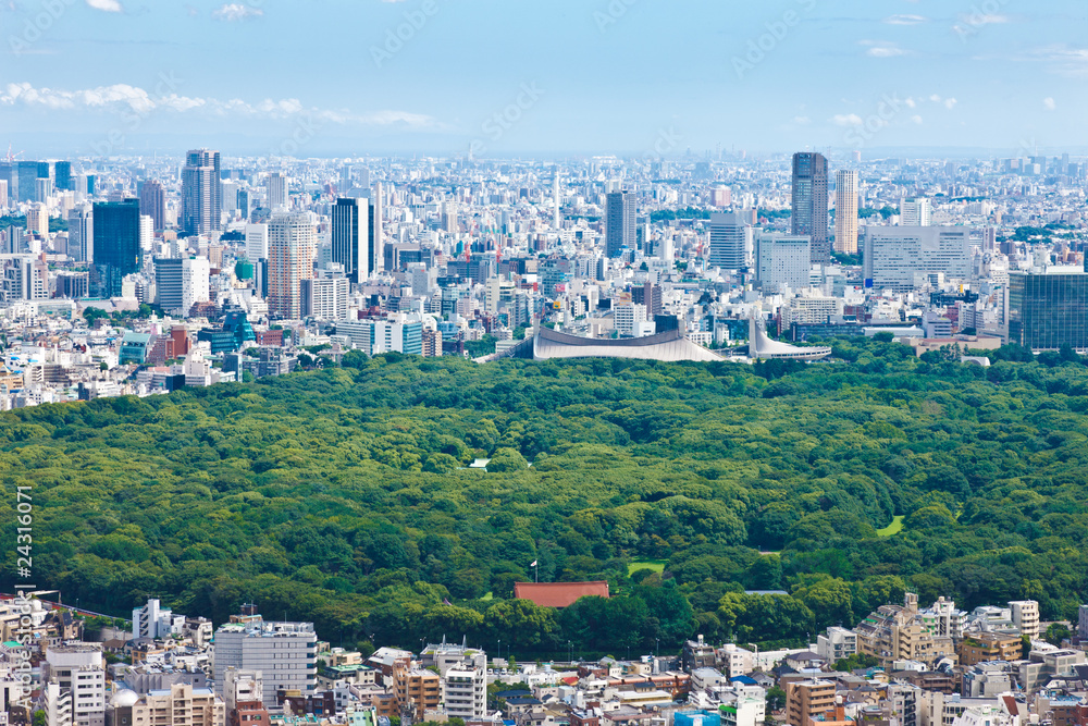 Naklejka premium Widok na świątynię Meiji, gimnazjum Yoyogi i obszar Shibuya