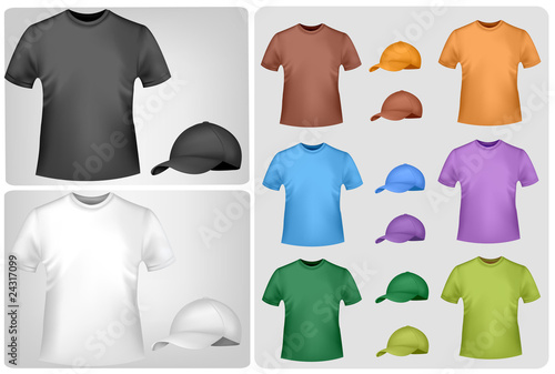 Black and colored polo shirts with caps. Vector.