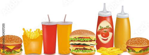 Big group of fast food products. Photo-realistic vector.