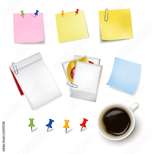 Sticker notes and a cup of coffee. Photo-realistic vector.
