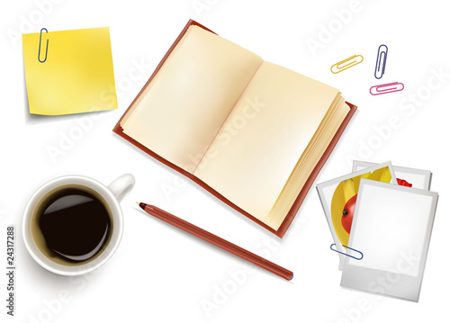 Book, office papers and a cup of coffee. Vector.