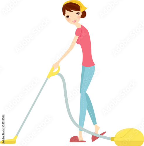 illustration of isolated woman using vacuum cleaner