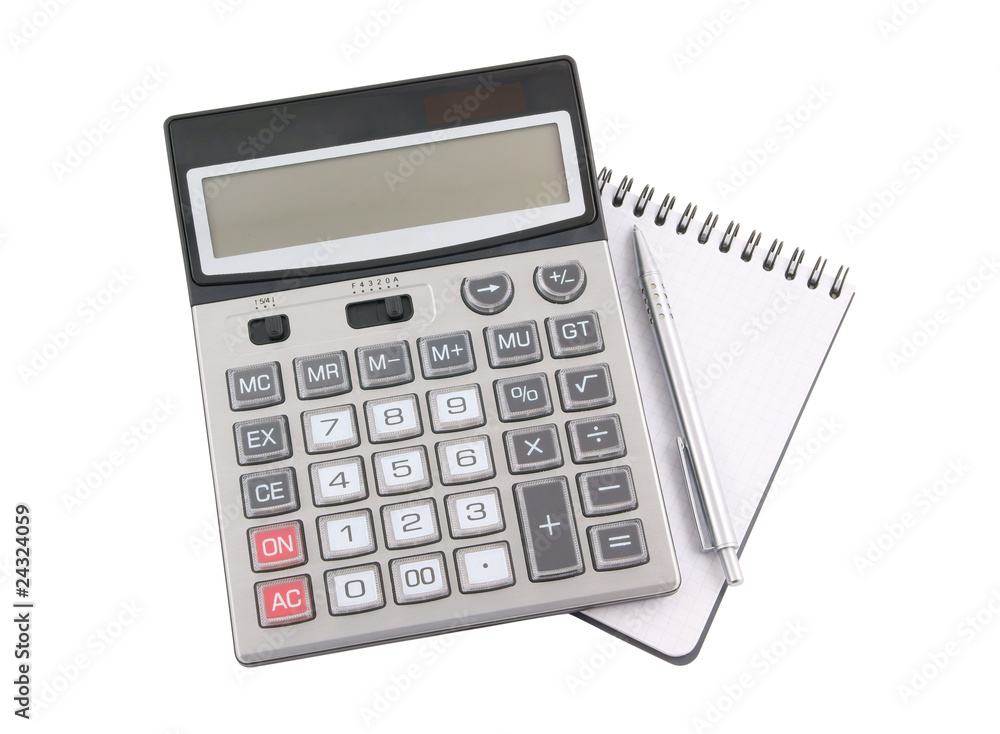 Pen on notebook and calculator isolated on white background Pen on notebook and calculator isolated on white background