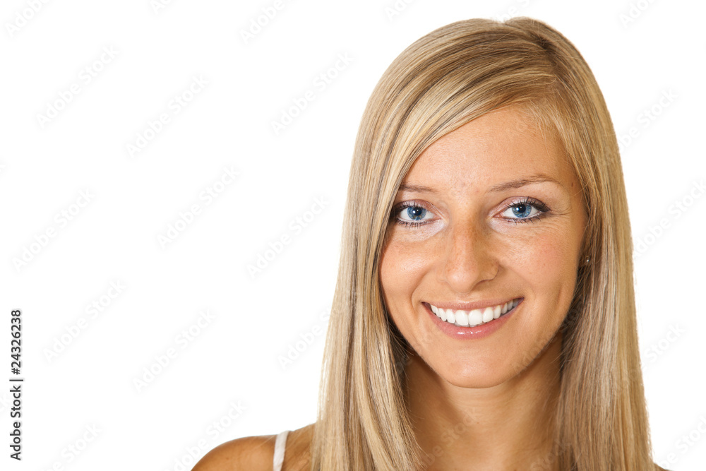 Young adult caucasian blond tan woman portrait on white backgrou Young adult caucasian blond tan woman portrait on white backgrou