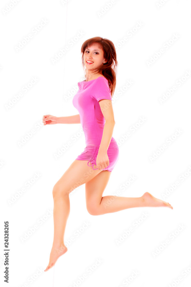 Happy woman jumping isolated on white