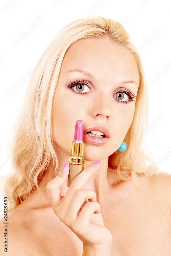 Beautiful blonde woman with lipstick isolated on white Beautiful blonde woman with lipstick isolated on white