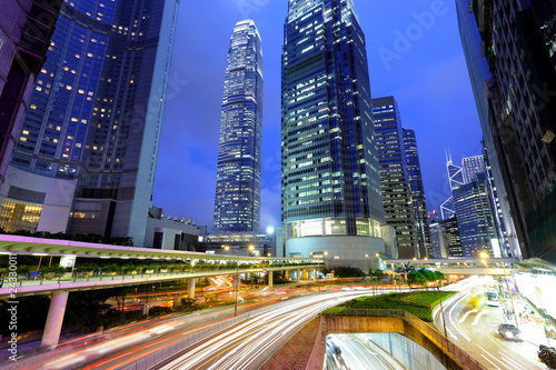Photography traffic light stream and highrise bulidings