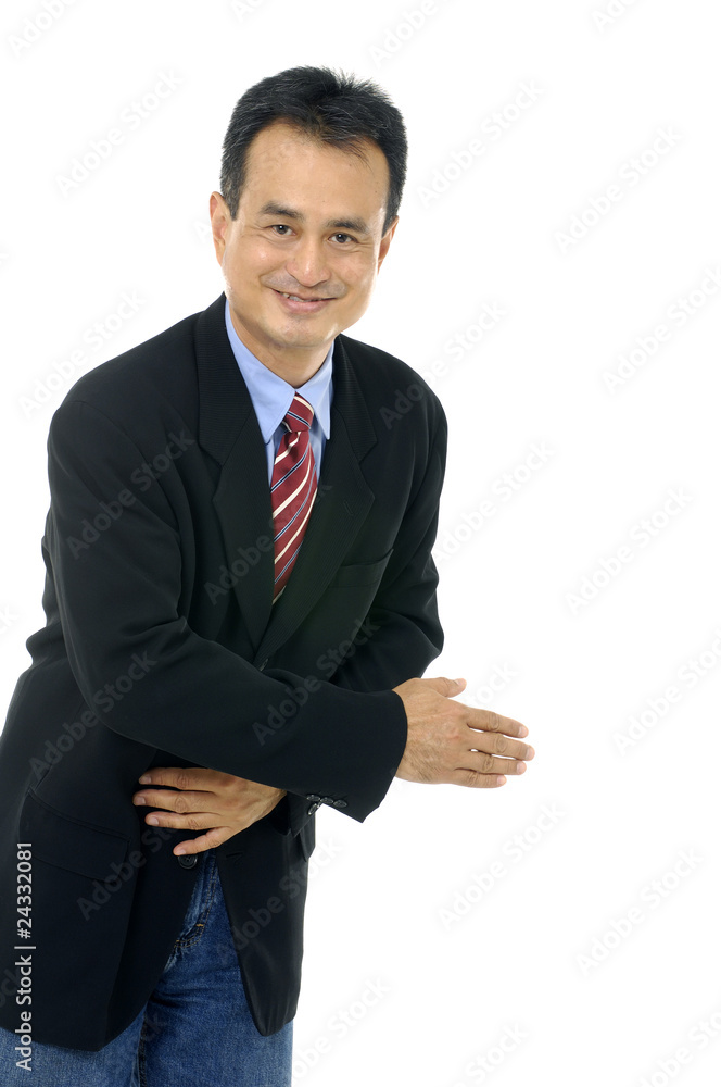 Businessman saying welcome against a white Businessman saying welcome against a white