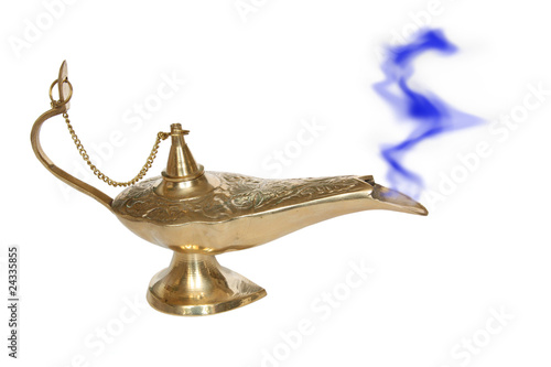 Golden Genie lamp with a smoke photo
