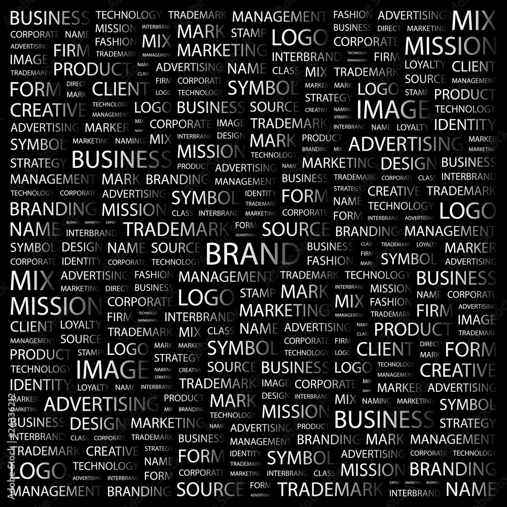 BRAND. Word collage on black background. BRAND. Word collage on black background.