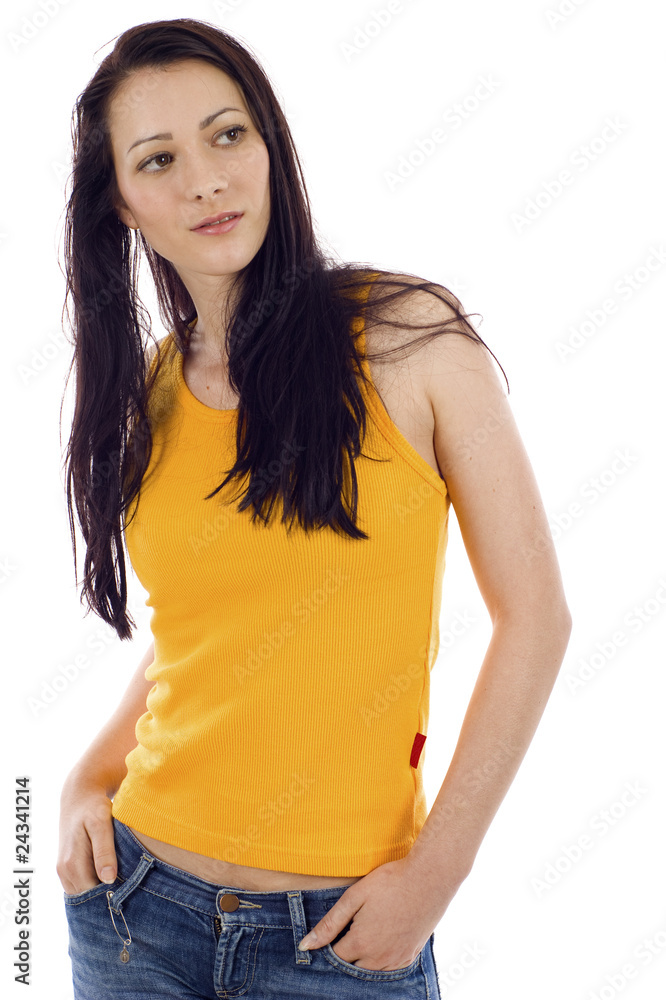 Fototapeta premium Pretty brunette woman wearing casual outfit