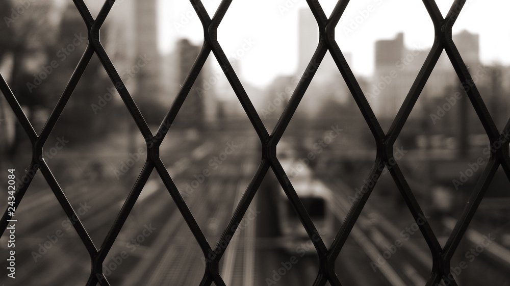 Fototapeta premium A view through a lattice fence and the passing train below.