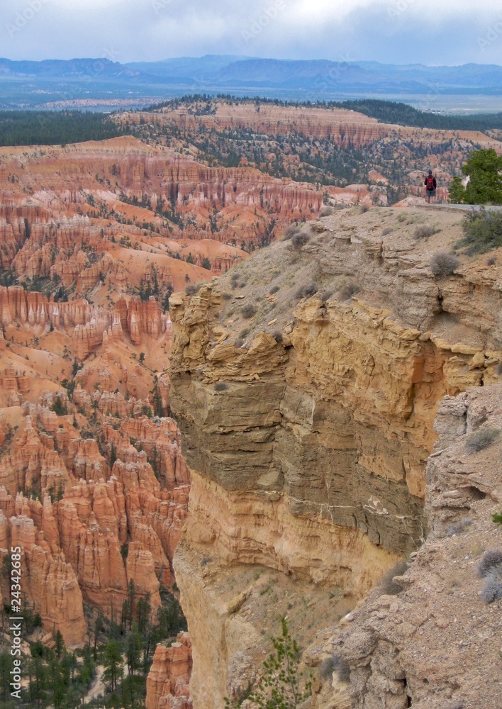 Tourist looking out over amphitheater of Bryce Canyon