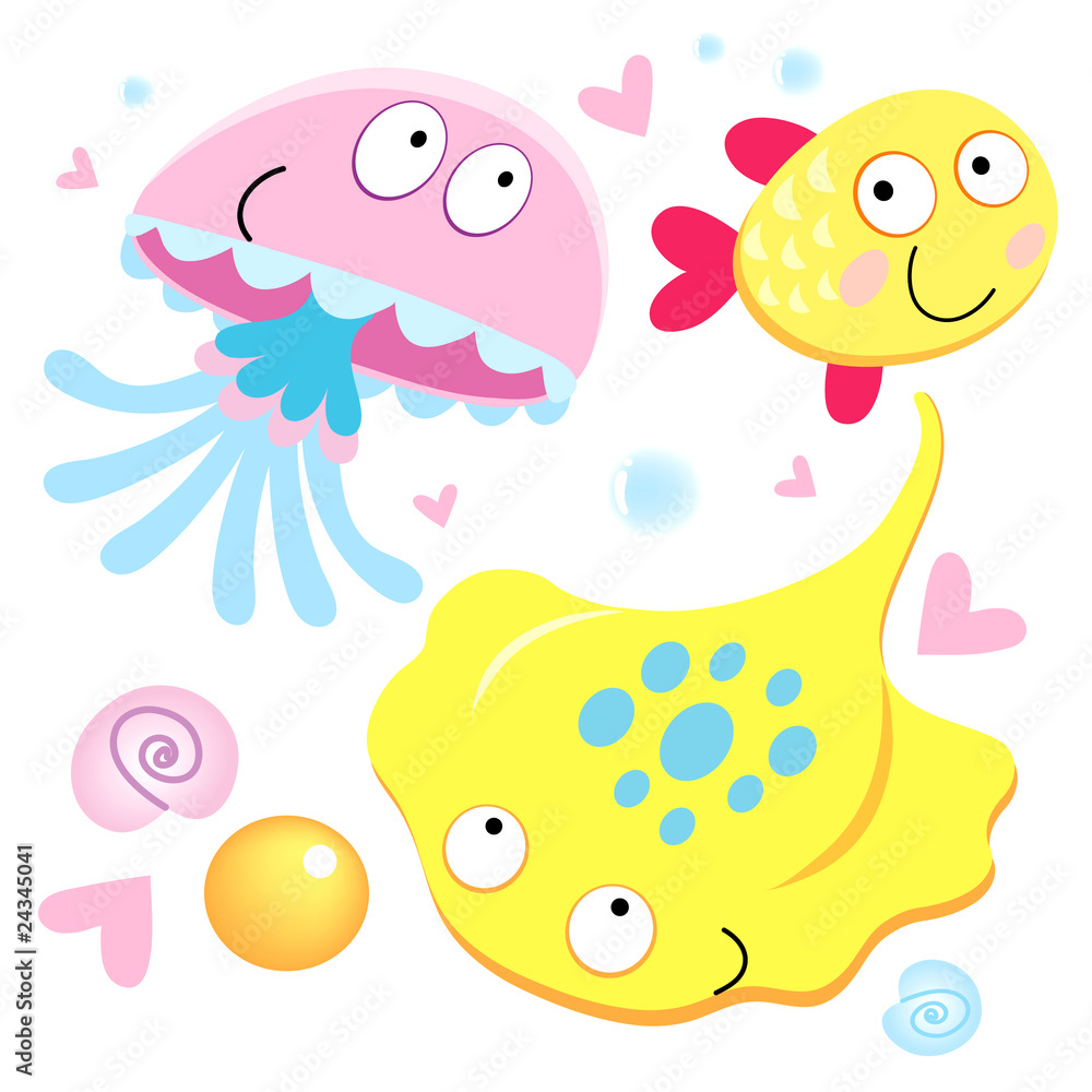 Funny skate fish and jellyfish